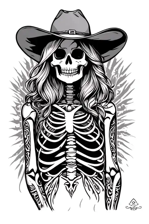Western Cowgirl Skeleton With Tribal Designs Behind Her