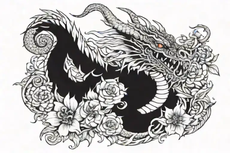 Tattoo Of Dragon Surrounded By Flowers From Hell