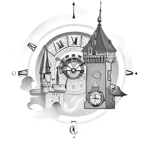 A Castle Tower With A Clock Face And Angels Flying Above