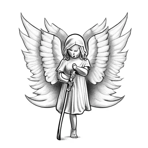 Angel Holding Axe On Left Hand And Gun On Right Hand