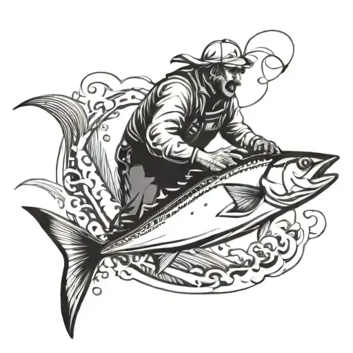 Fisherman Fighting Yellowfin Tuna Fish Jumping