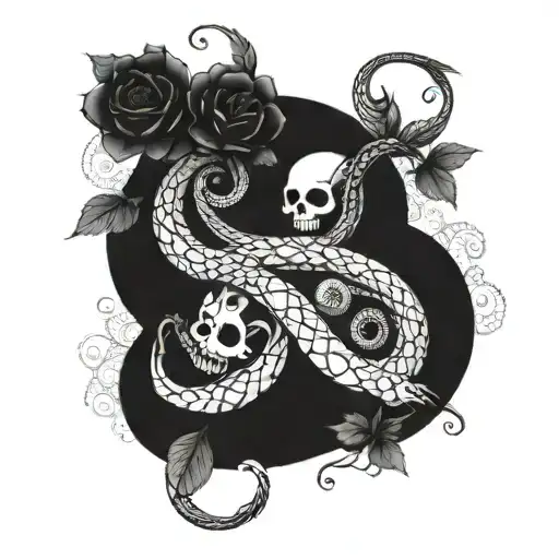 Two Snakes One Normal And One Skeleton Intertwined With Flowers