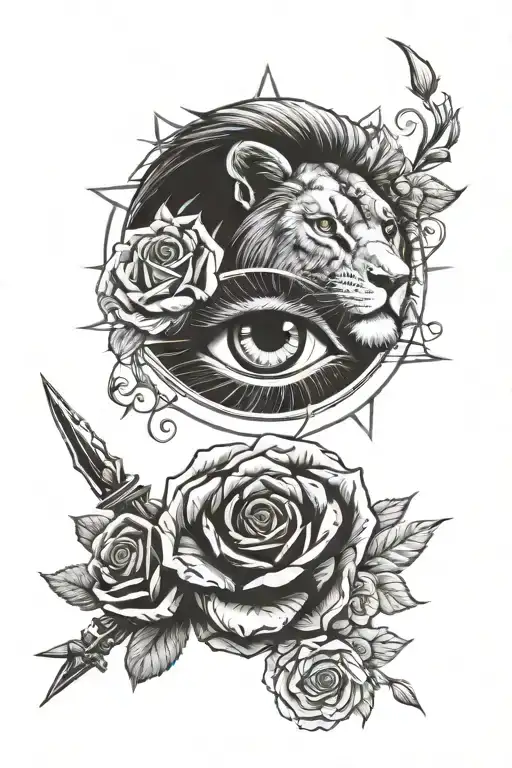 Female Eye And Lion And Sword Arround Roses And Tunder