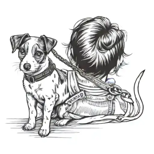 Child Girl View From The Back In Her Right Hand A Leash And A Dog Jack Russell Terrier