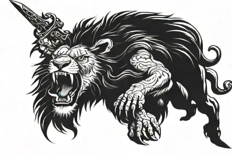 A Lion Clutching A Dagger It It's Teeth