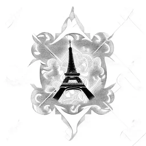 A Blackwork Silhouette Of An Airplane Soaring Towards The Eiffel Tower