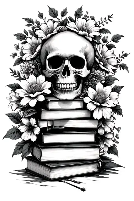 Skull On Stack Of Books With Flowers Surrounding
