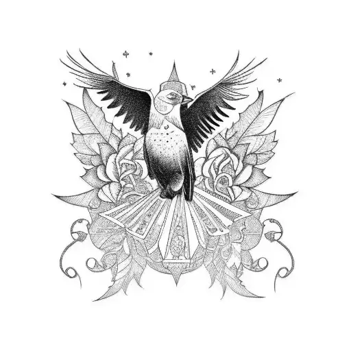 A Blackwork Tattoo Of A Crow With Nordic Symbols Incorporated Into The Design