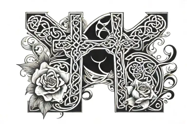 Celtic Tribal Sleeve With A Cross And Flowers Wrapped