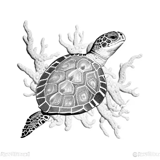 An Intricate Blackwork Tattoo Of A Majestic Sea Turtle Swimming Through A Vibrant Coral Reef