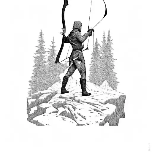 A Silhouette Of A Hunter In The Mountains With A Bow And Arrow