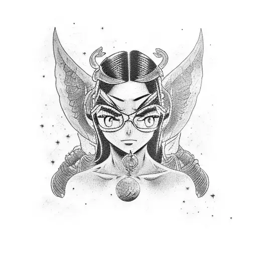 A Tattoo Of Nico Robin From One Piece Surrounded By A Cosmic Background In Blackwork Style