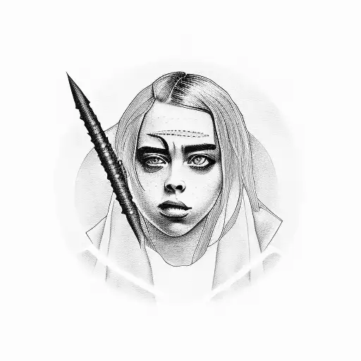 A Blackwork Tattoo Of Billie Eilish's Silhouette With A Music Staff As Her Hair