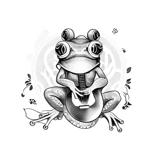 A Blackwork Tattoo Of A Frog Playing A Guitar Surrounded By Flowers