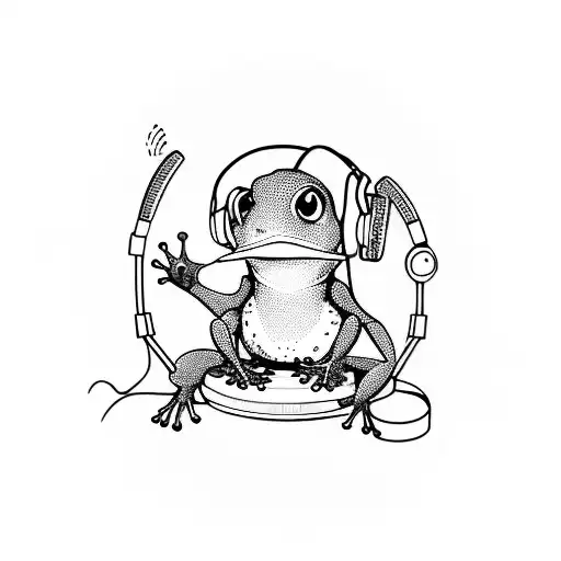 A Blackwork Tattoo Of A Frog Wearing Headphones And Djing On A Vinyl Record