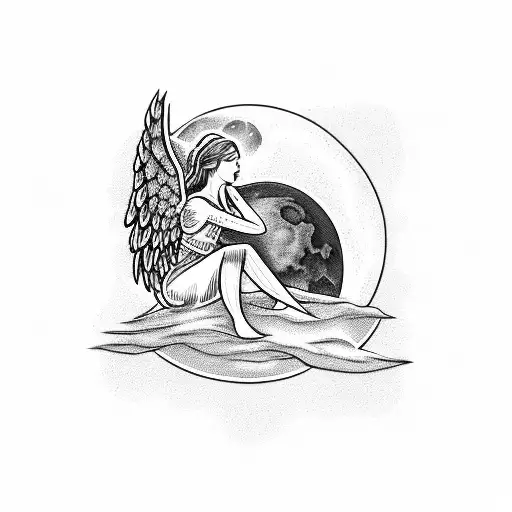 Angel Sitting On A Moon Praying