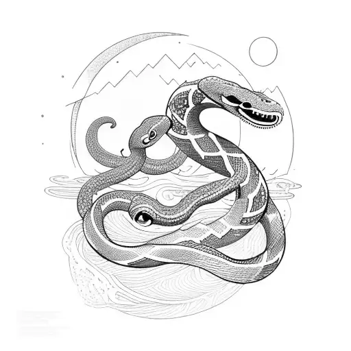 A Singing Snake Surrounded By A Waterfall And Moon