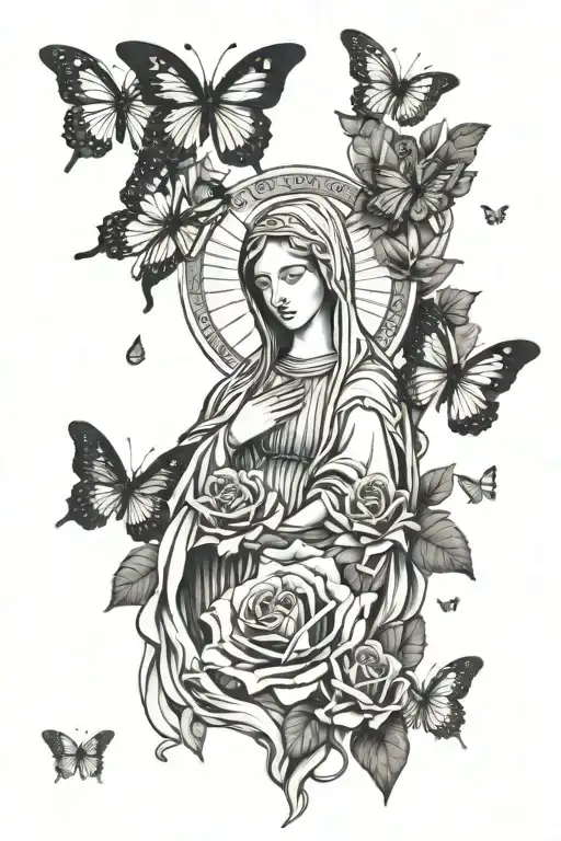 Virgin Mary Surrounded By Butterflies Flying And With Roses