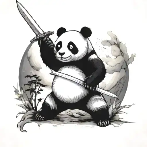 A Panda Wielding A Sword Under The Moonlight
