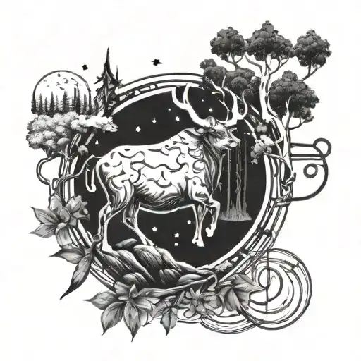 A Taurus Constellation Intertwined With Musical Notes And A Forest Landscape