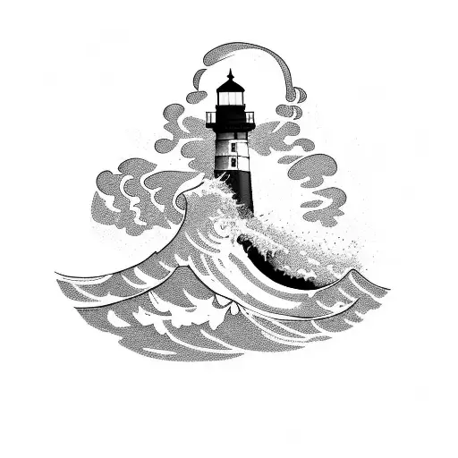 A Blackwork Tattoo Of A Wave Crashing Against A Lighthouse On A Rocky Beach