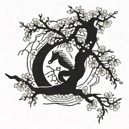 Incorporate Elements Of Karate With A Sakura Tree And A Drake In A Blackwork Style