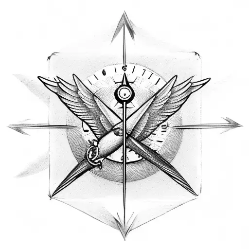 Two Swallows With A Pocket Watch And A Compass Rose
