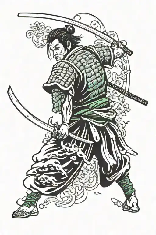 Samurai With Katana And Japanese Mint Background