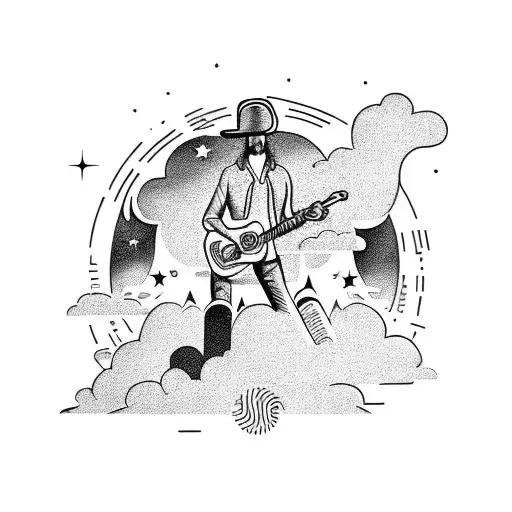 A Celestial Scene With A Cowboy Playing A Guitar Under A Ufo-filled Sky