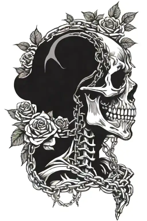 Skeleton Wrapped In Chains With Roses In His Mouth