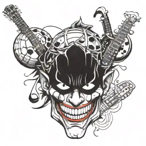 A Joker Face With Musical Instruments As The Eyes And Basketballs As The Mouth