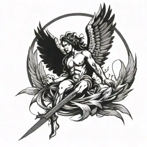 Angel With Arms Wide Open Wings Holding A Knife Surrounded