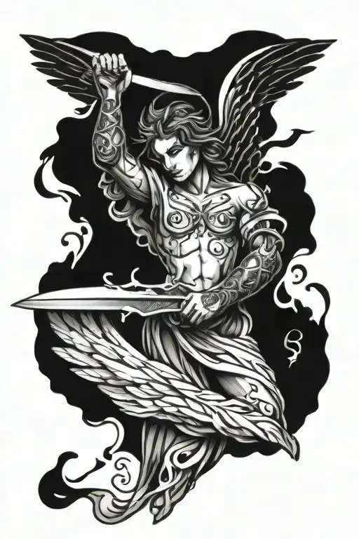 Angel With Arms Wide Open Wings Holding A Knife Surrounded
