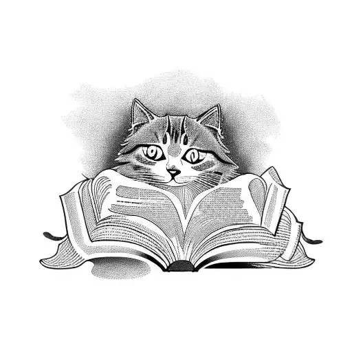 A Blackwork Tattoo Of A Cat Reading A Book In A Countryside Setting