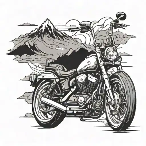 A Detailed Blackwork Tattoo Of A Roaring Motorcycle Riding Through A Mountain Landscape