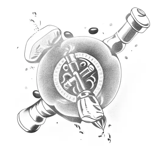 A Blackwork Tattoo Of A Handgun And A Wine Bottle Intertwined With Coffee Beans And A Dumbbell