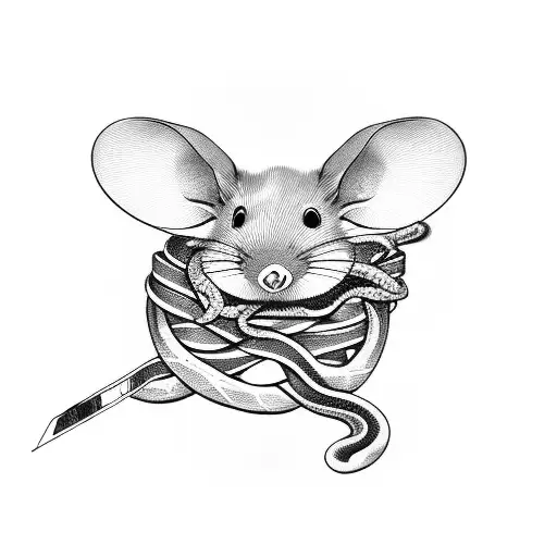 Engraved Mouse With A Razor Blade In Its Hand Eaten By A Snake