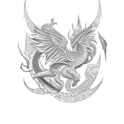 A Blackwork Tattoo Featuring A Majestic Norse Dragon And A Greek Phoenix Soaring Together