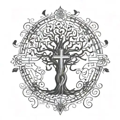 A Stylized Family Tree Intertwined With Musical Notes And A Holy Cross