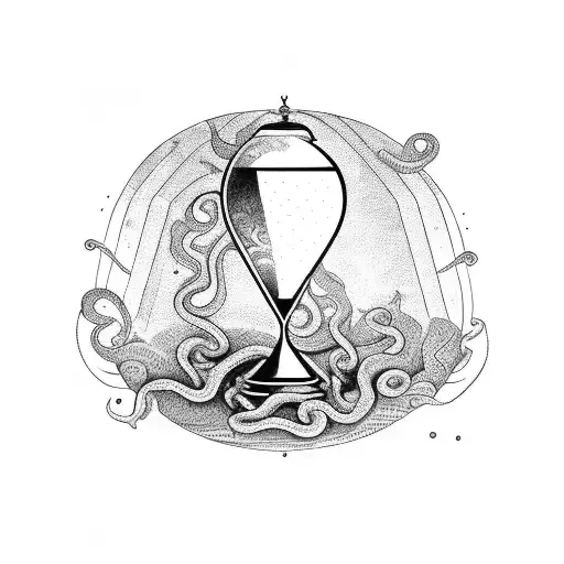 A Dotwork Tattoo Of An Hourglass Filled With Books And Surrounded By Swirling Snakes