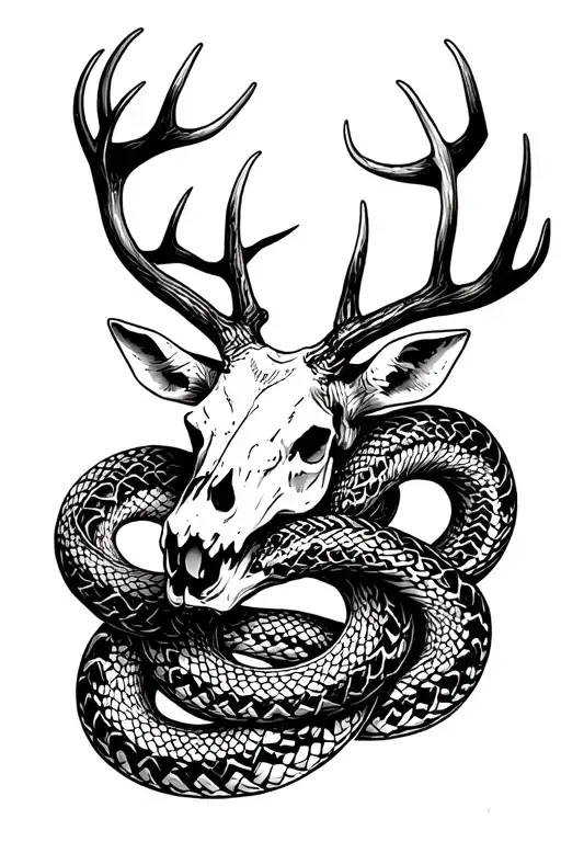 Stag Skull With Snake In Antlers Intertwined