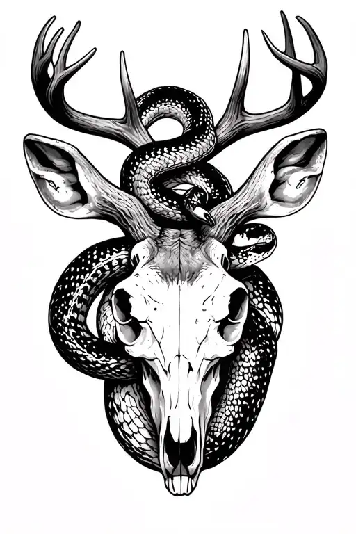 Stag Skull With Rattlesnake In Antlers