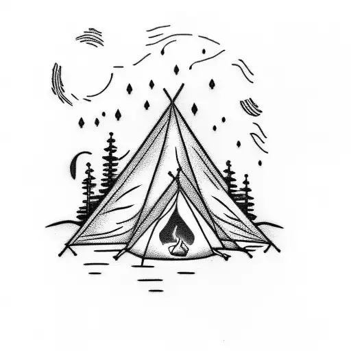 A Blackwork Tattoo Of A Camping Scene With A Silhouette Of A Dog Sitting By The Campfire
