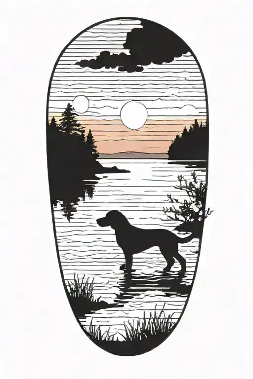 A Silhouette Of A Dog Playing By A Calm Lake At Sunset