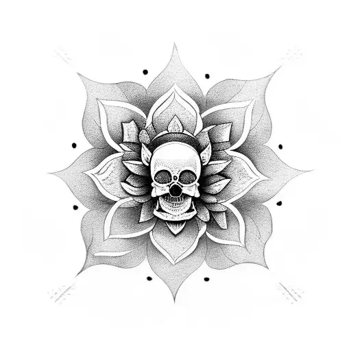 Crushed Skull With Lotus Flowers Behind A Mandala