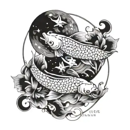 2 Koi Fish Swimming Around A Waning Crescent Moon