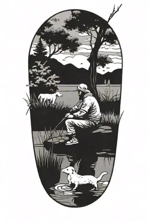 Guy Fishing In A Pond With His Dog Beside Him
