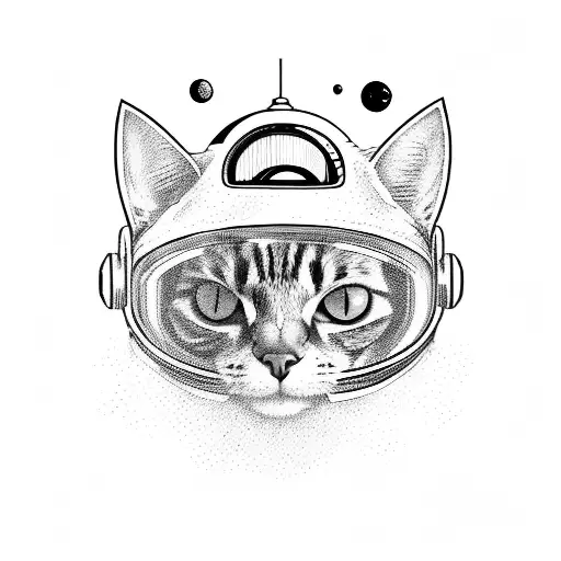 A Blackwork Tattoo Of A Cat Wearing An Astronaut Helmet Floating Among Planets