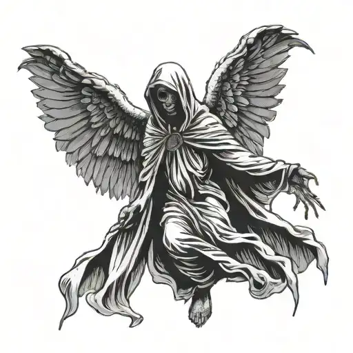 Hooded Angel Of Death With Big And Wide Wings Facing Foward With Black Face