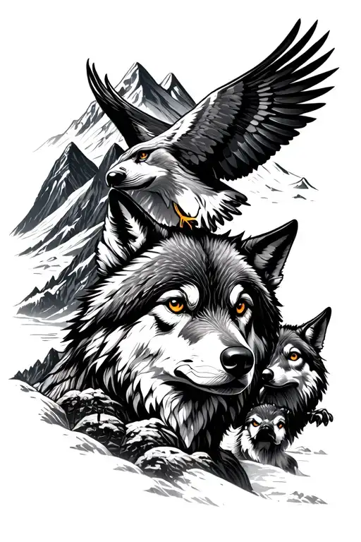 Large Mountain With Small Wolf And Falcon